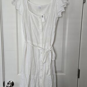 Embroidered Eyelet Waiste-defined Tie-belt Flutter Sleeve Midi Sundress